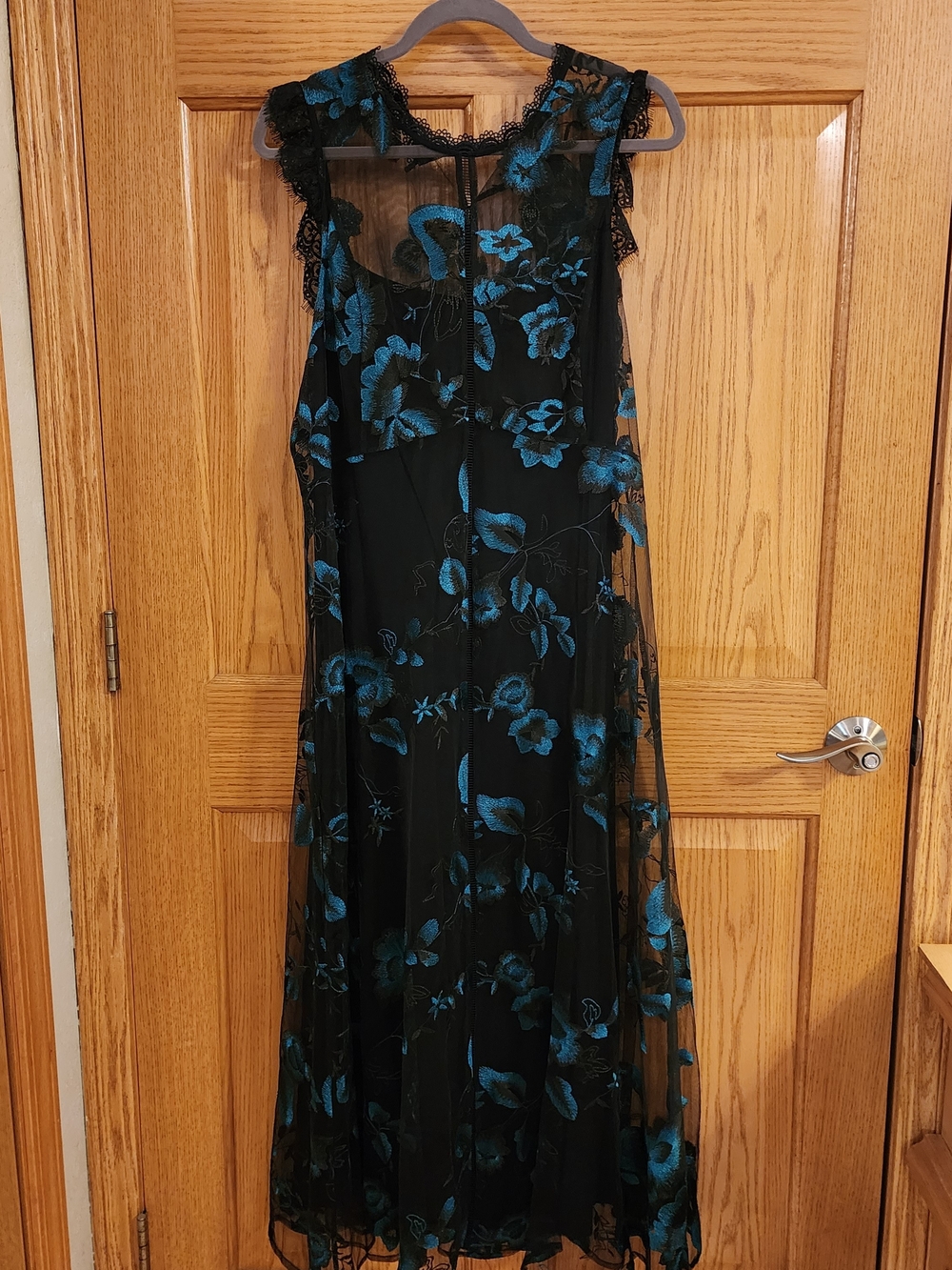 Black Maxi Dress with Teal Floral Lace Overlay